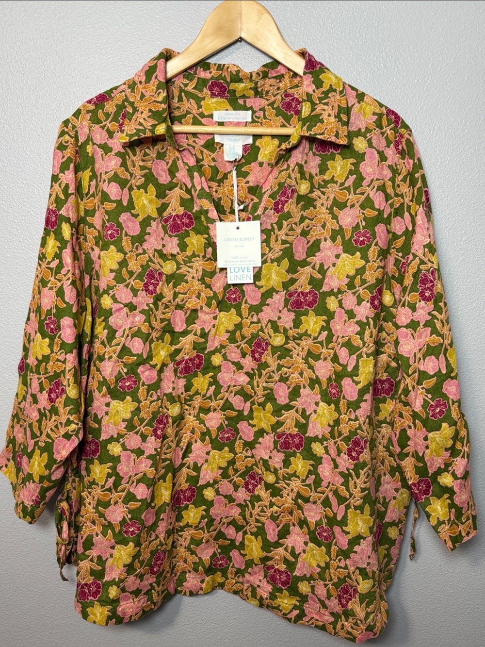 Cynthia Rowley Olive Green Floral Linen Blouse Size 2X NWT